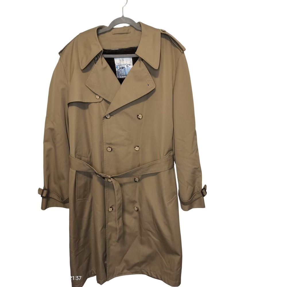 VTG PIER 308 All Weather Mens 44‎ L Tan Double Breasted Zip Lining Trench Coat
